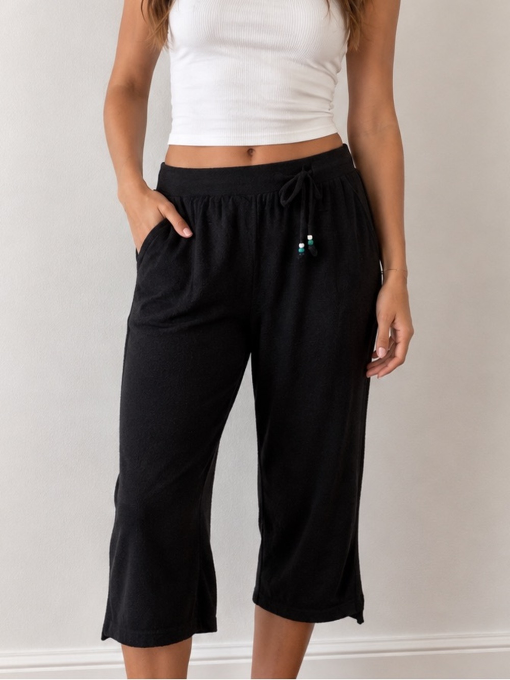Vintage Y2K black Terry Cloth Gaucho Capris Low Rise Wide Leg Lounge Pants